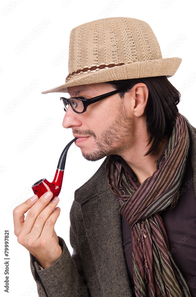 Young detective with pipe isolated on white Young detective with pipe isolated on white