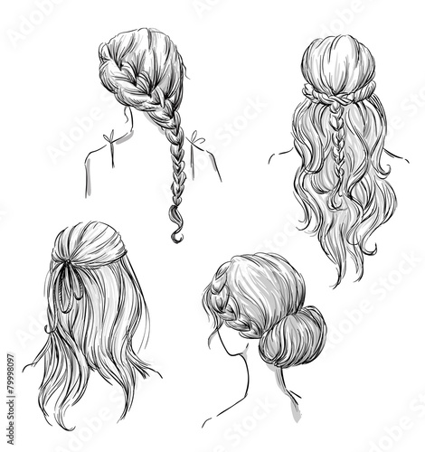 set of different hairstyles. Hand drawn. Black and white