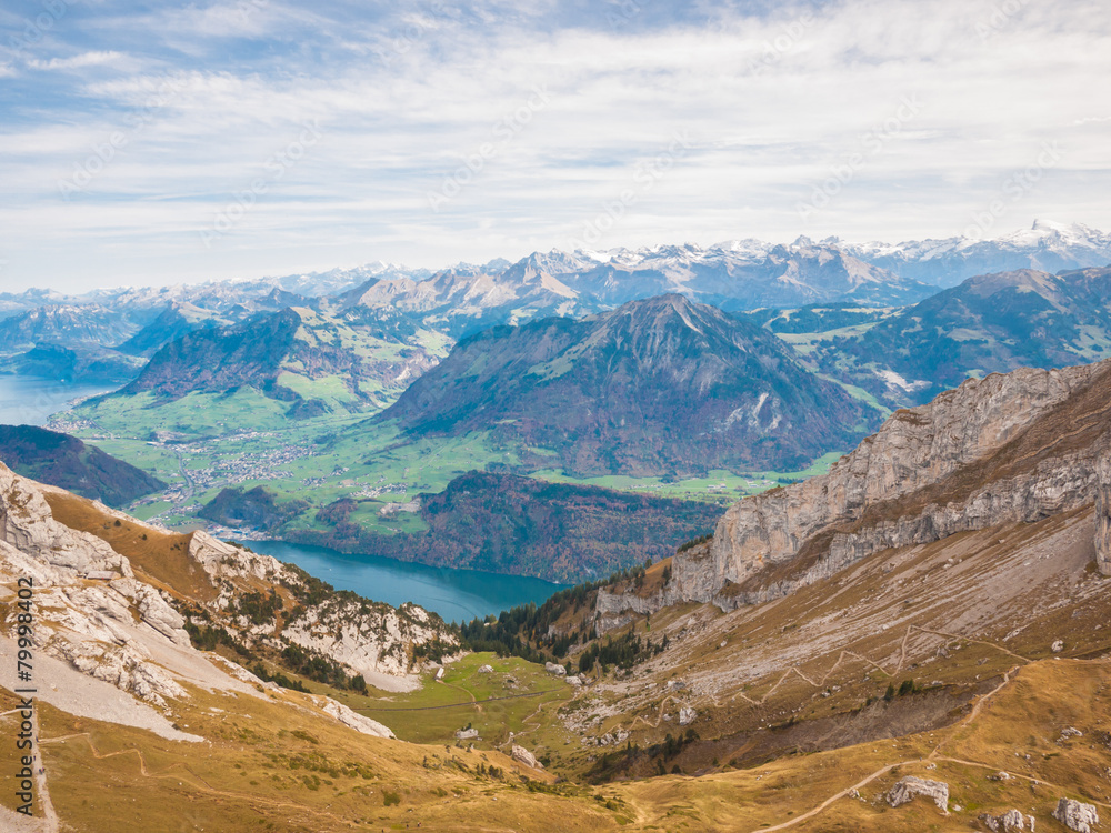 Panorama view of Lucerne lake and the Alps near Pilatus