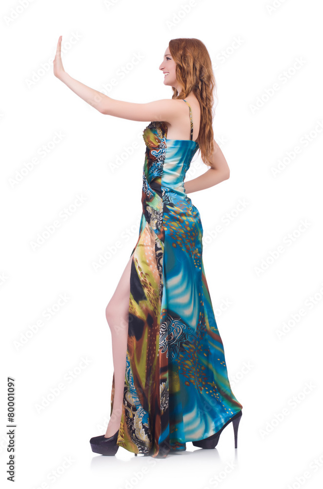 A girl in blue long dress isolated on white