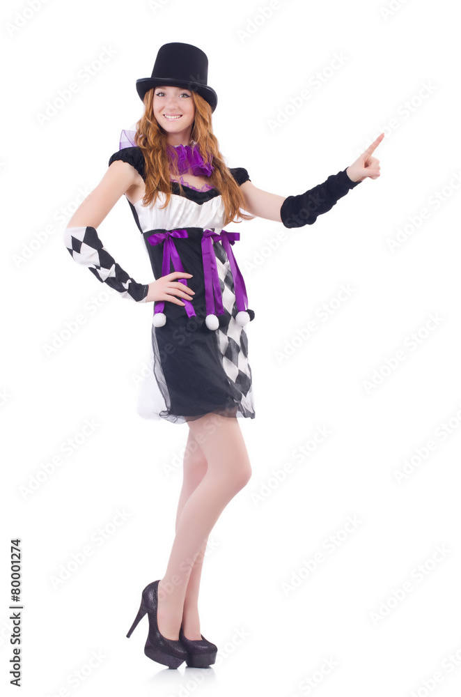 A girl in harlequin costume isolated on white A girl in harlequin costume isolated on white
