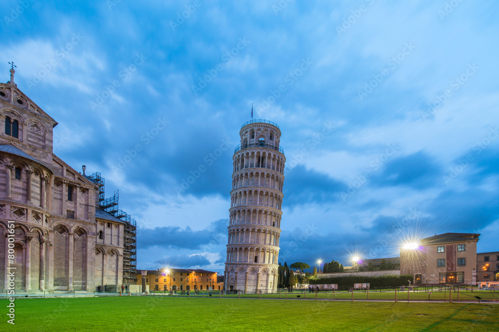 Famous leaning tower of Pisa during evening hours