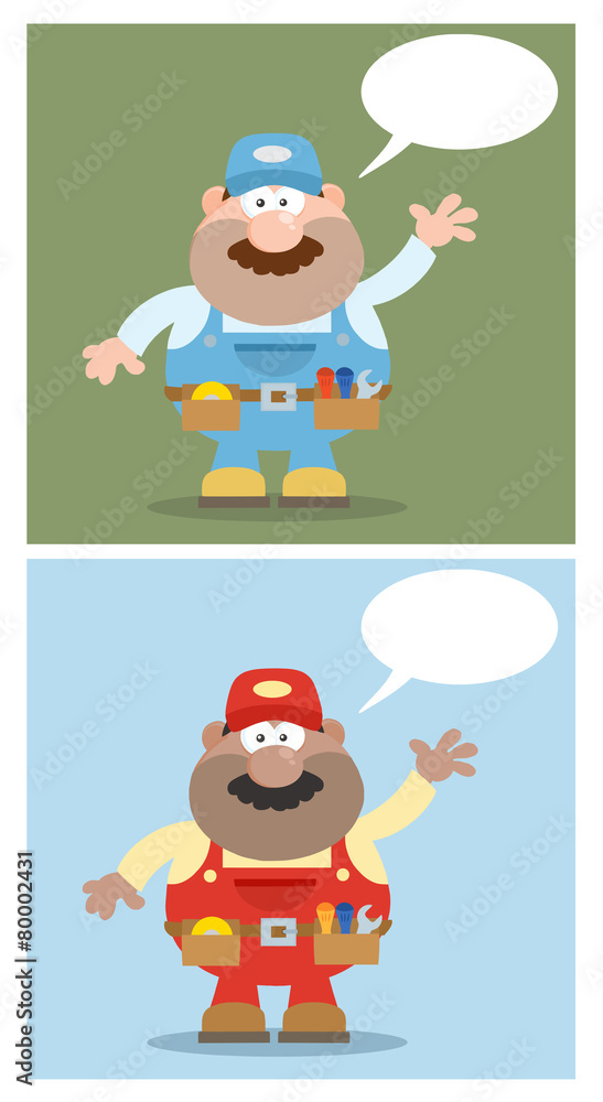 Flat Style Mechanic Character Waving For Greeting. Collection