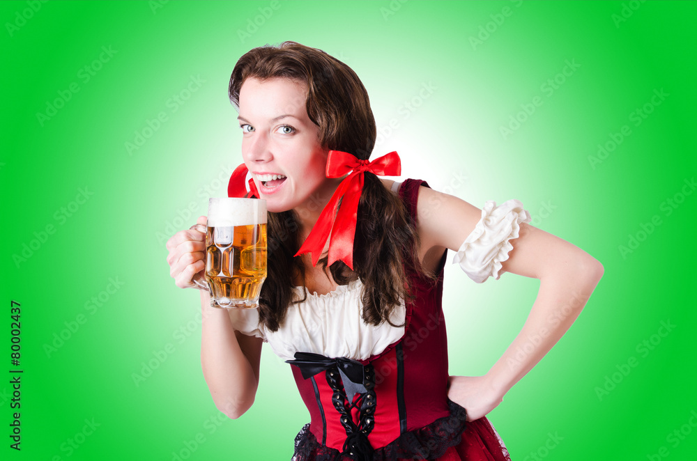 Bavarian girl with tray on white