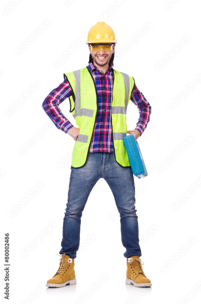 Young construction worker with toolbox isolated on white