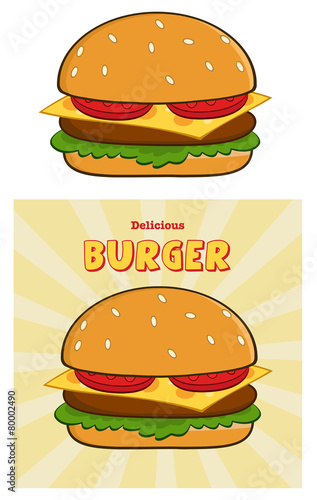 Delicious Burger Design Card With Text. Collection Set