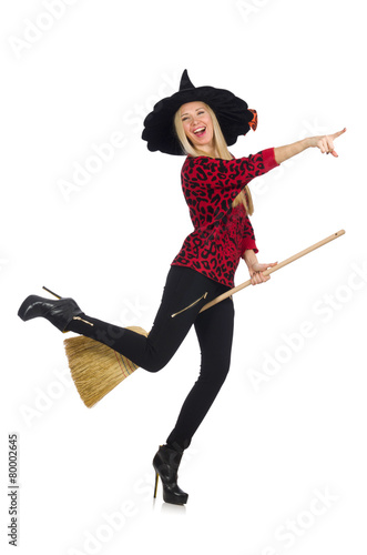 Fototapeta Funny witch with broom isolated on white