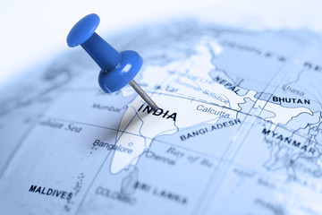 Wandcirkels India Blauwe punaise op kaart India  © Zerophoto