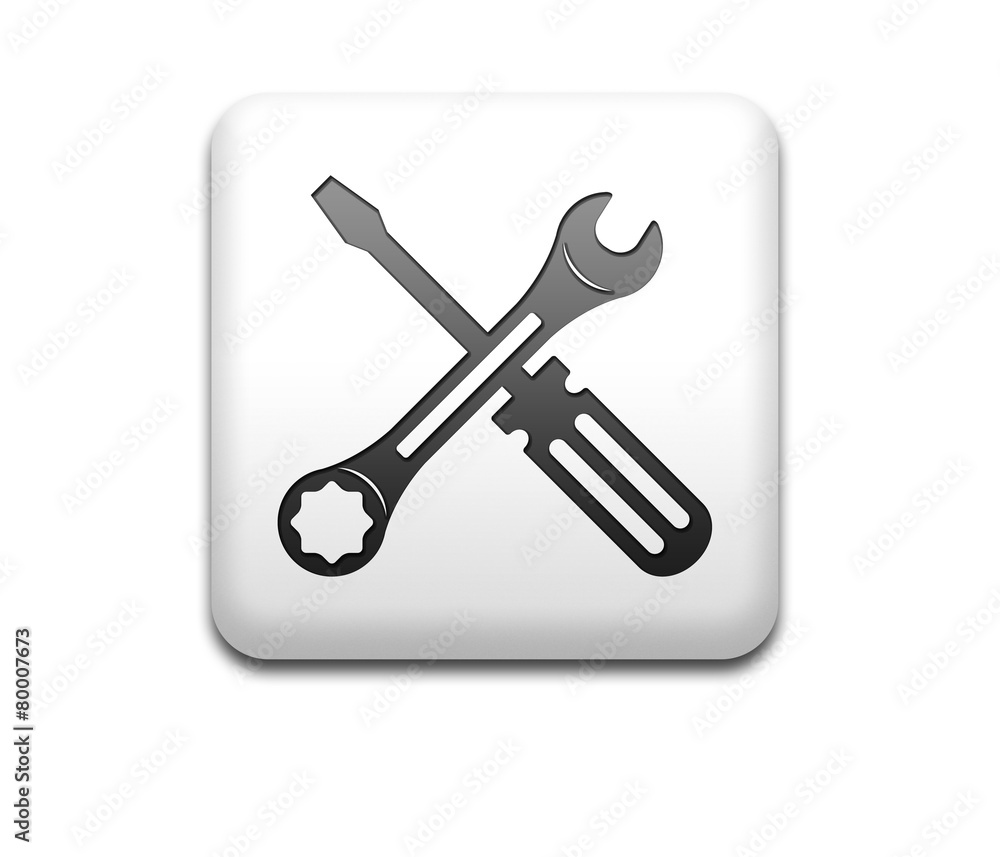 Boton 3D cuadrado blanco destornillador y llave Boton 3D cuadrado blanco destornillador y llave