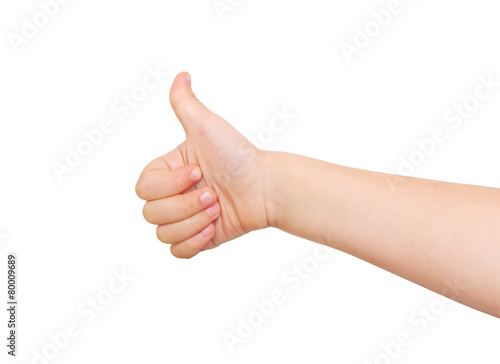 Child's hand showing thumb up, like sign.