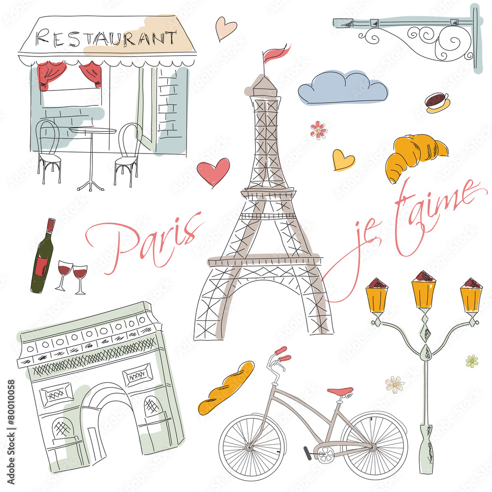 Fotografie Paris symbols, postcard, hand drawn