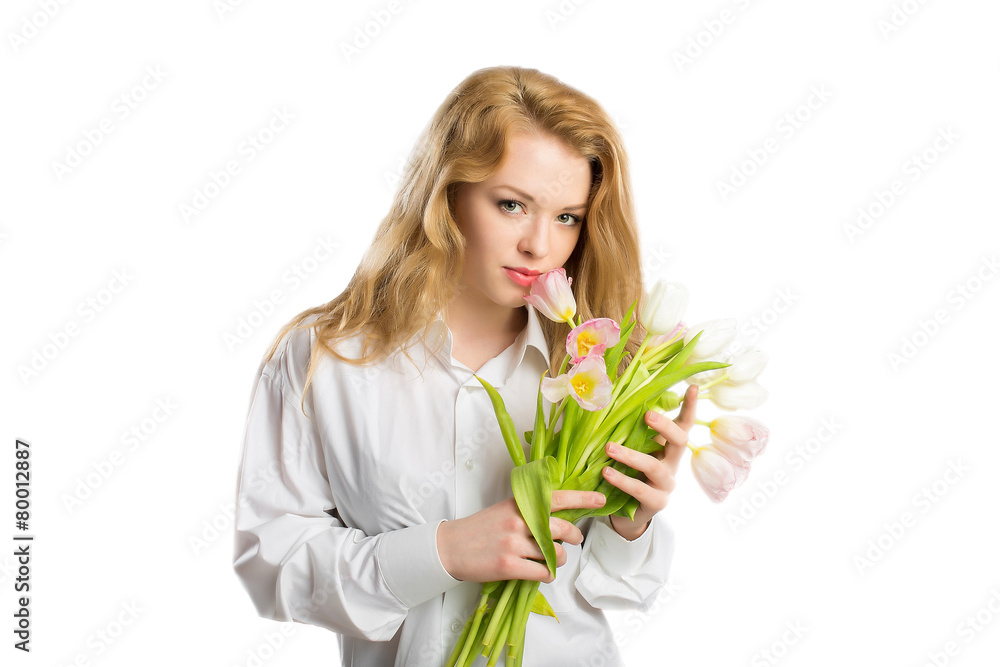 Girl with flowers on a white background Girl with flowers on a white background
