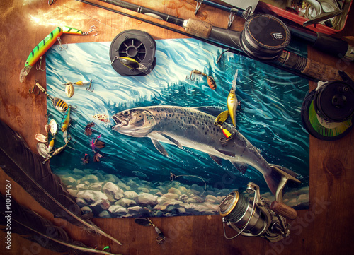 Illustration about fishing, surrounded by fishing accessories.