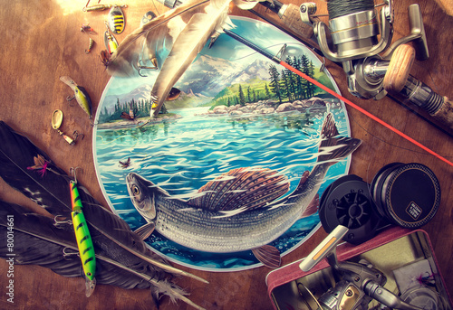 Illustration about fishing, surrounded by fishing accessories.