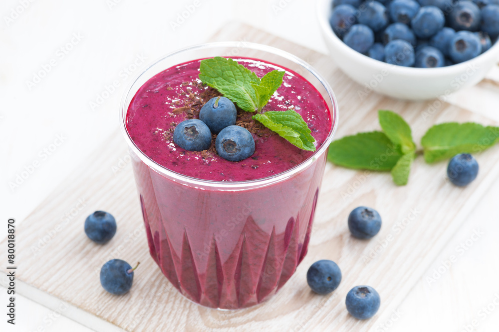 blueberry milkshake with fresh mint and chocolate, close-up blueberry milkshake with fresh mint and chocolate, close-up