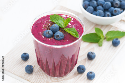 blueberry milkshake with fresh mint and chocolate, close-up