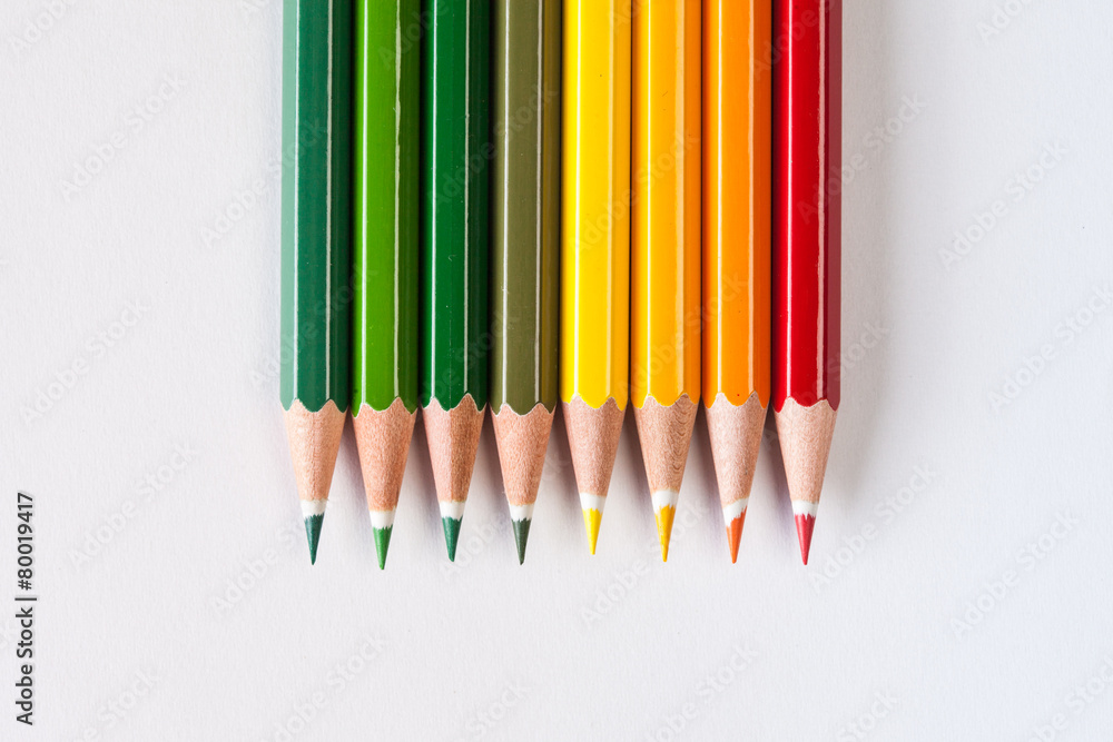 line of colored pencils red tone and green tone line of colored pencils red tone and green tone