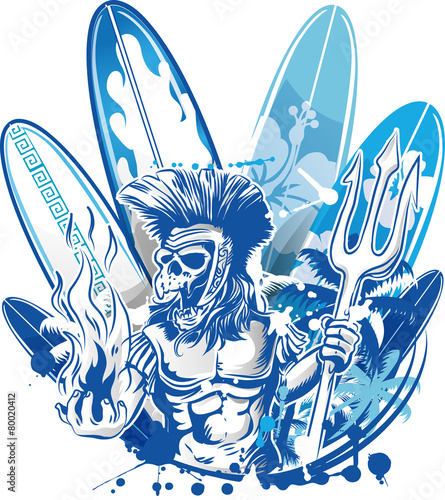 poseidon death surfer on surfboard background