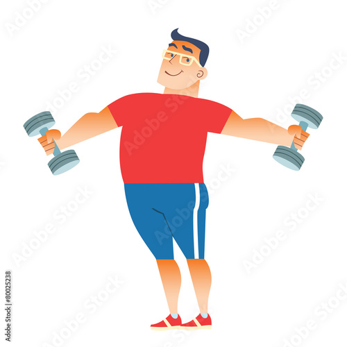 Fat man plays sports with dumbbells