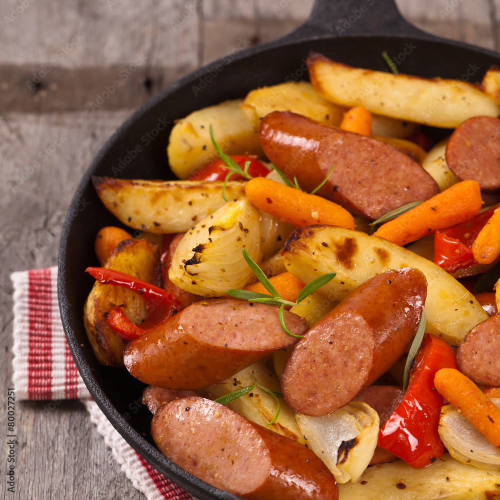 Roasted Potato and Sausage Dinner. Selective focus. Roasted Potato and Sausage Dinner. Selective focus.