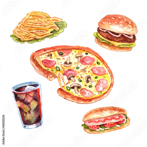 Watercolor fast food lunch menu set