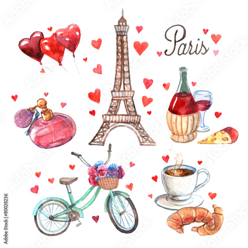 Paris symbols watercolor icons composition