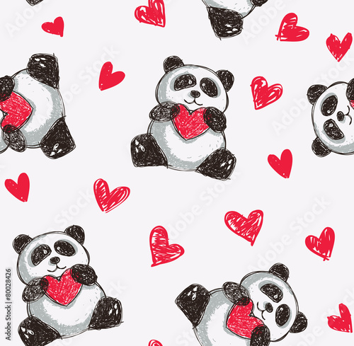 panda holding heart seamless background