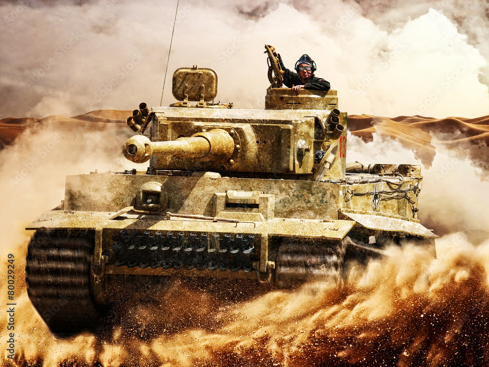 Enemy tanks moving in the desert - obrazy, fototapety, plakaty 