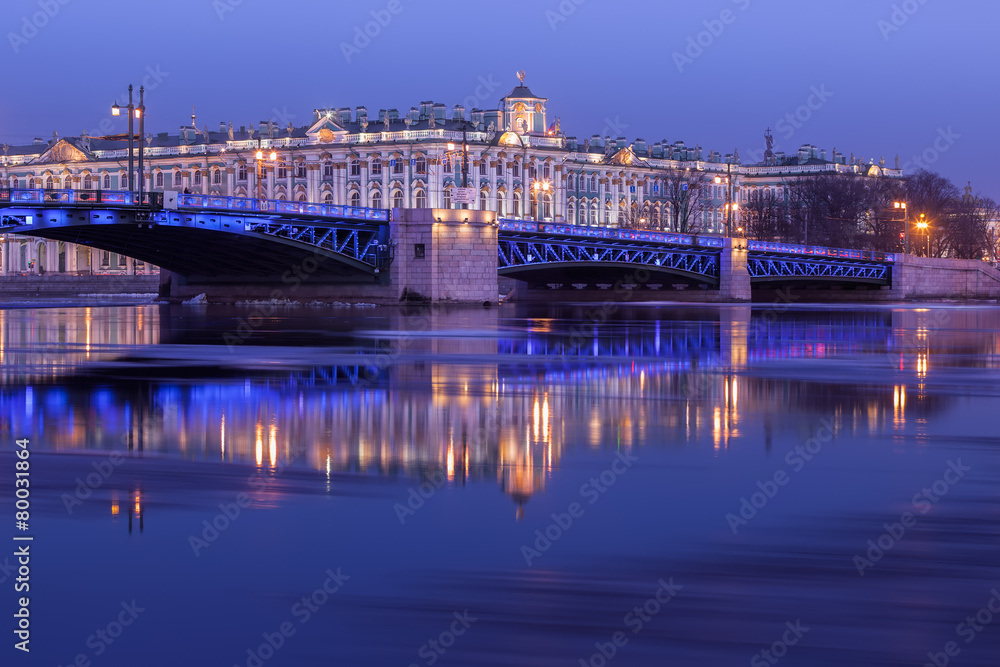 Palace Bridge and the building of the Hermitage at night, St. Pe