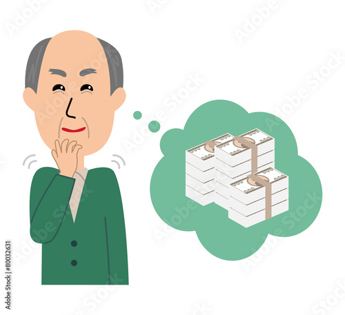 An elderly man grinning and thinking about money