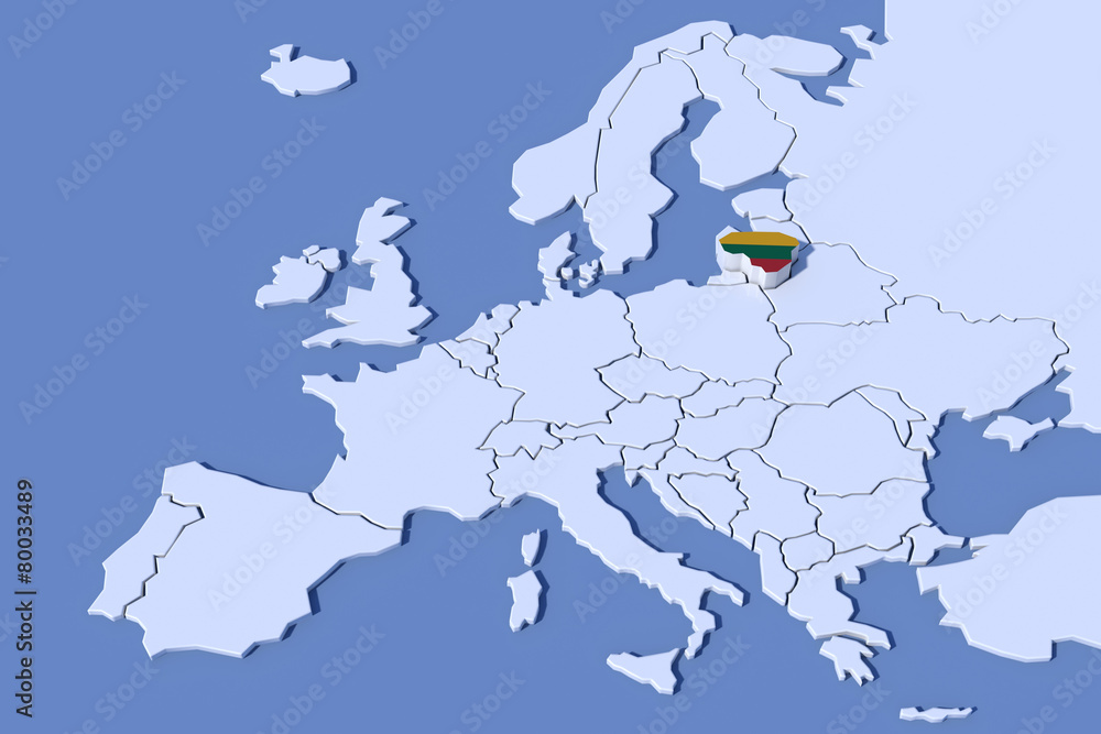 Fototapeta premium Mappa Europa 3D con rilievo colori Lituania