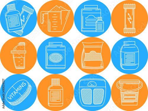 Blue and orange vector icons for sports nutrition