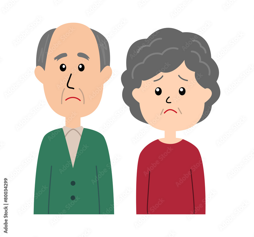 A senior couple with a sad facial expression