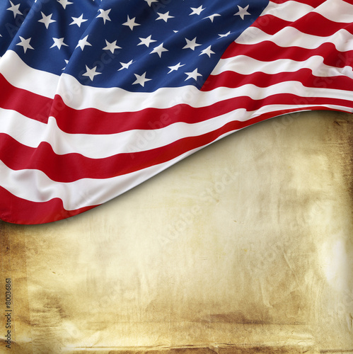 American flag on brown background. Copy space