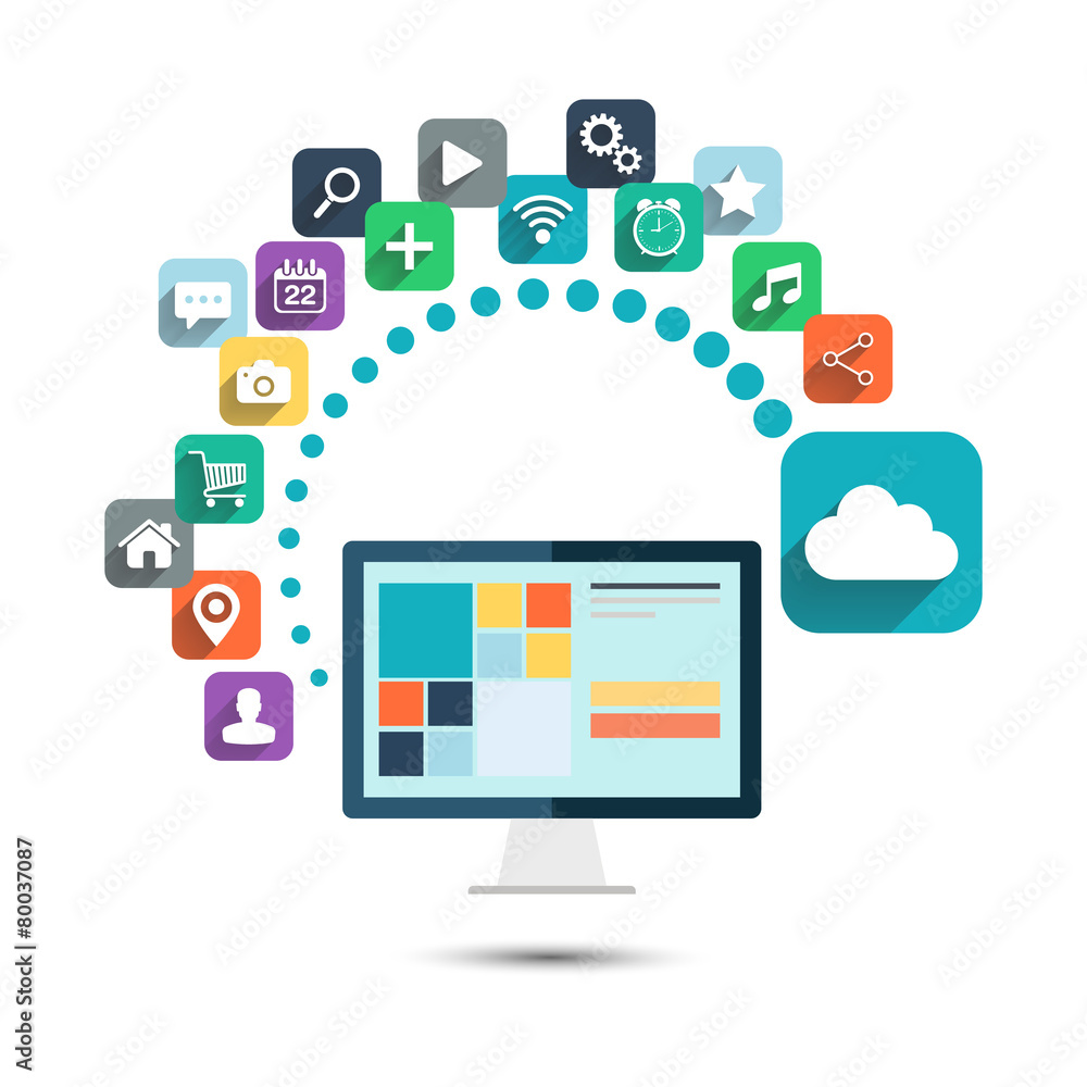 Cloud computing. Desktop computer with color web icons. Cloud computing. Desktop computer with color web icons.