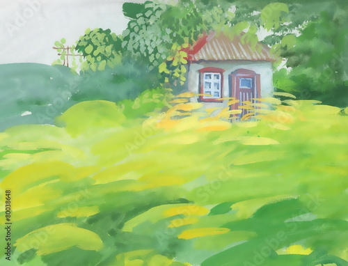 Watercolor rural house in green landscape