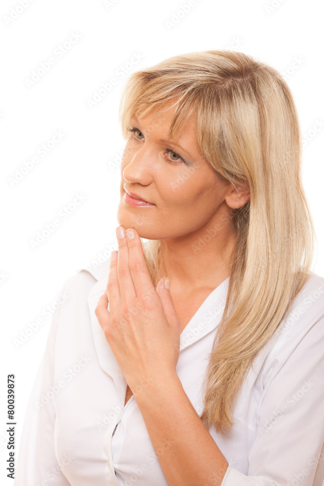 Portrait thoughtful pensive mature woman isolated Portrait thoughtful pensive mature woman isolated