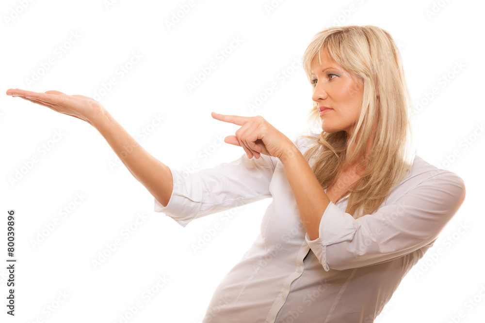 Advertisement concept - woman showing open palm Advertisement concept - woman showing open palm