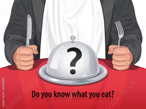 Vector Man with Closed Cloche Dome - Do you know what you eat?