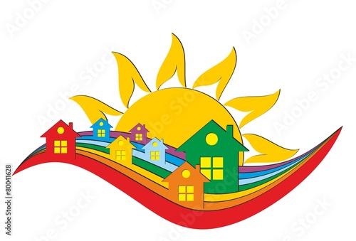 Logo of the cottage settlement with a rainbow and the sun.