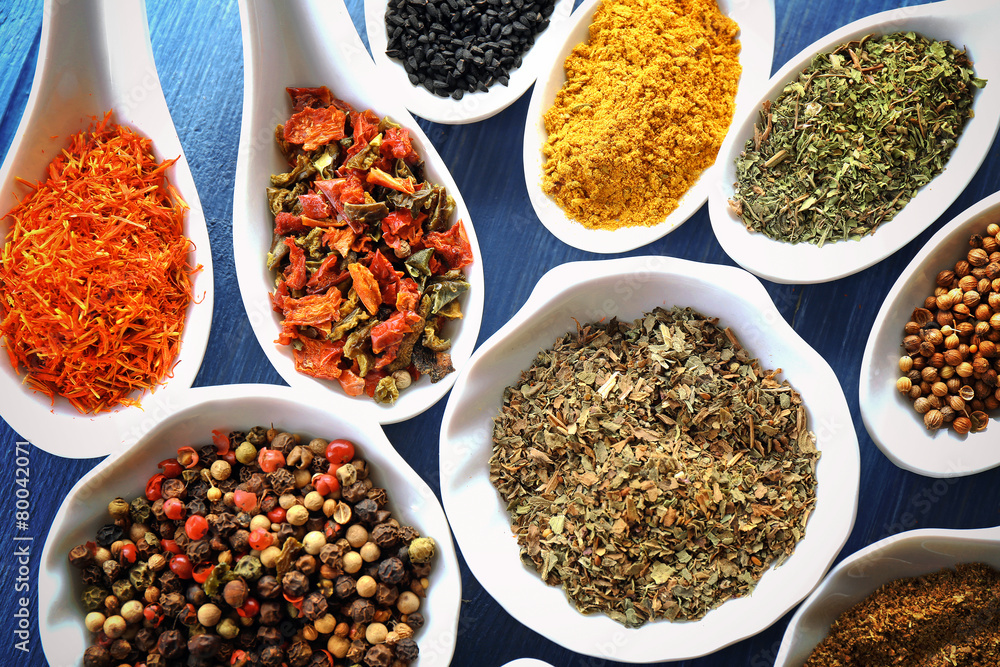 Different kinds of spices in ceramics spoons, close-up, Different kinds of spices in ceramics spoons, close-up,