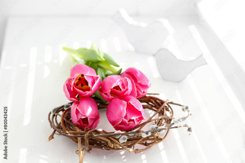 Pink beautiful tulips on windowsill with sunlight Pink beautiful tulips on windowsill with sunlight