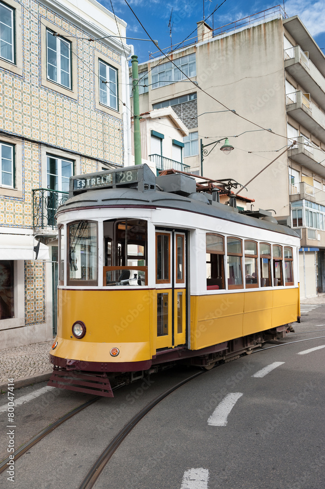 Yellow tram in Lisbon, Portugal