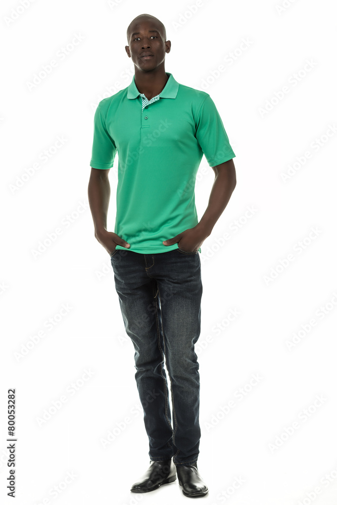 Black man in short sleeve collar shirt on white background Black man in short sleeve collar shirt on white background