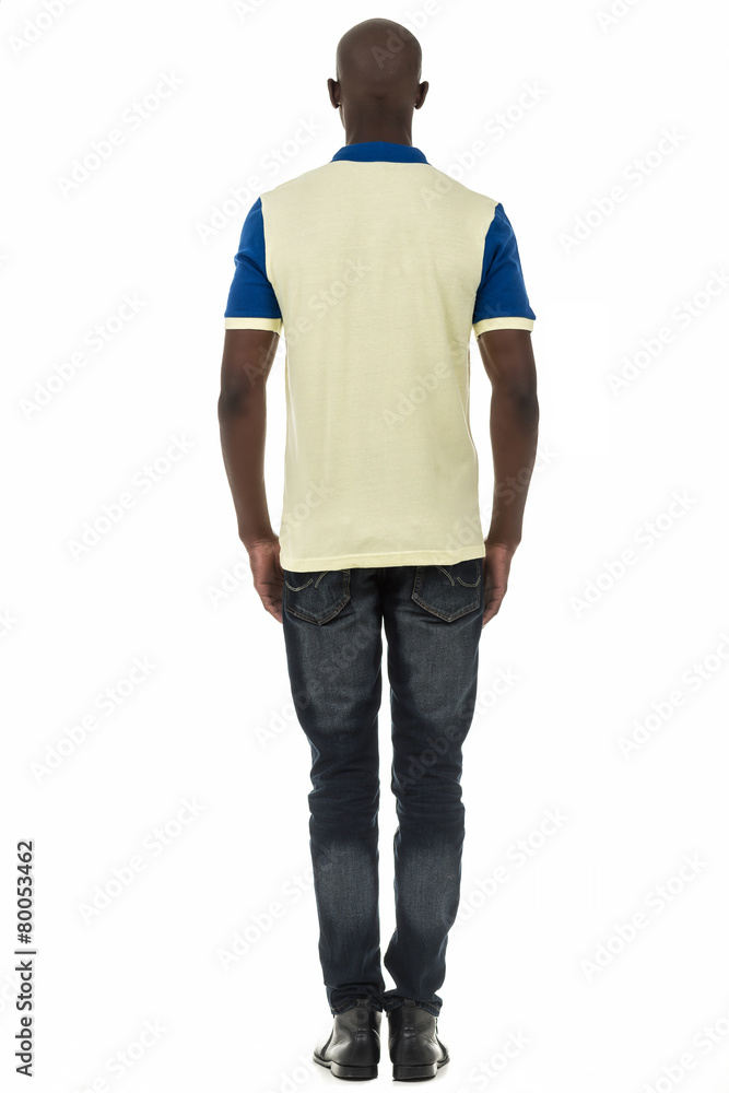 Fototapeta premium Black man in short sleeve collar shirt on white background