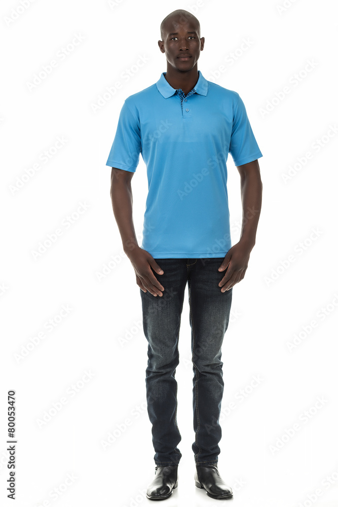 Fototapeta premium Black man in short sleeve collar shirt on white background
