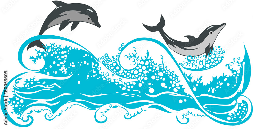 Obraz premium Delfiny skaczące na falach