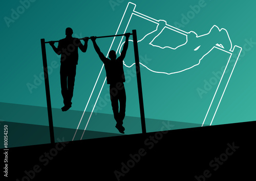 Active and strong fitness men doing push ups muscles training in