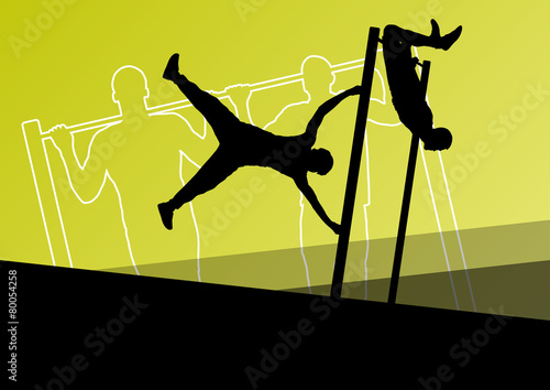 Active and strong fitness men doing push ups muscles training in