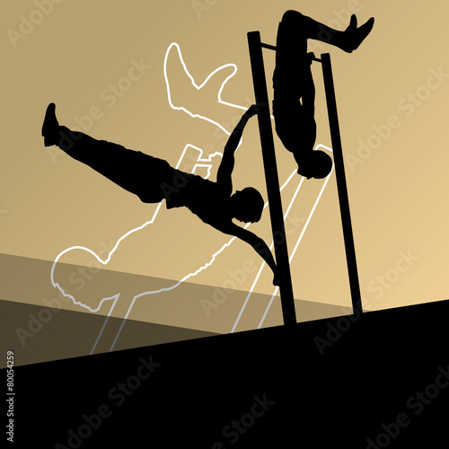 Active and strong fitness men doing push ups muscles training in